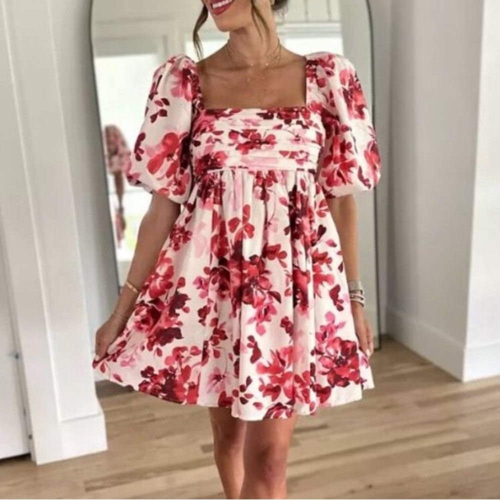 ABERCROMBIE & FITCH Emerson Poplin Puff Sleeve Mini Dress Red Pink Size S EUC